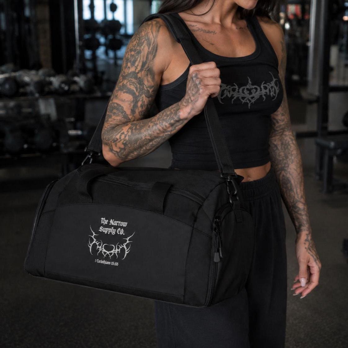 The Narrow Supply Co. Logo Gym Bag | Small Black Duffel, Split-Tone Gothic Design