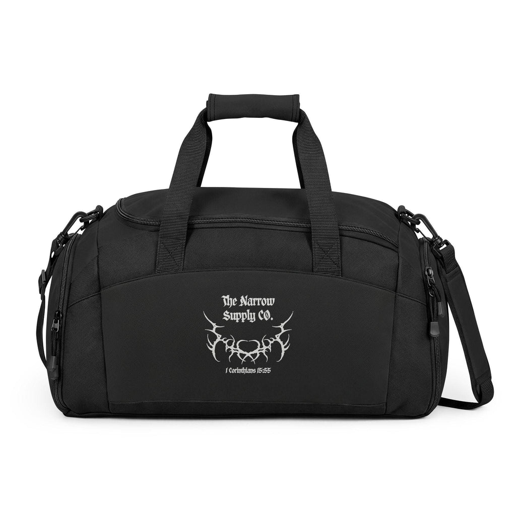 The Narrow Supply Co. Logo Gym Bag | Small Black Duffel, Split-Tone Gothic Design